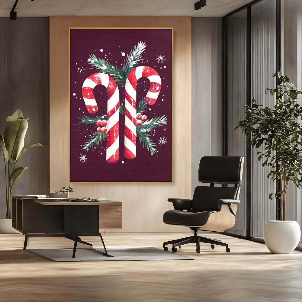 Tablou canvas cu tablou canvas cu bastonase de zahar, in rama de aluminiu auriu, pe perete intr-un birou